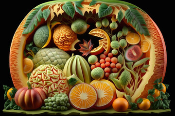 Delicious food art creation colorful and appetizing display of fruit and vegetable carving arranged in a beautiful and artistic way, generative ai