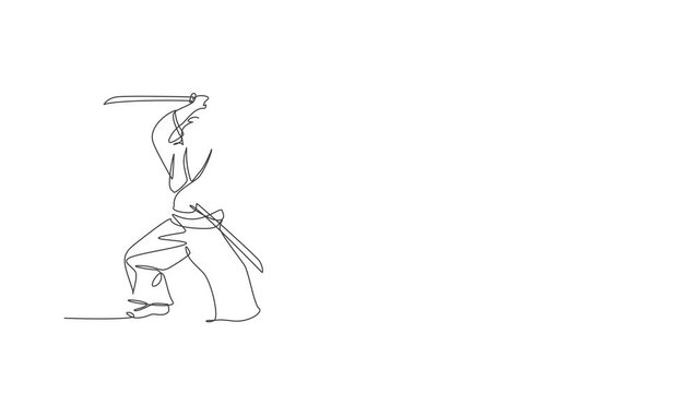 Animated self drawing of single continuous line draw young strong samurai warrior wearing traditional uniform holding sword at festival. Ancient fighter soldier concept. Full length one line animation