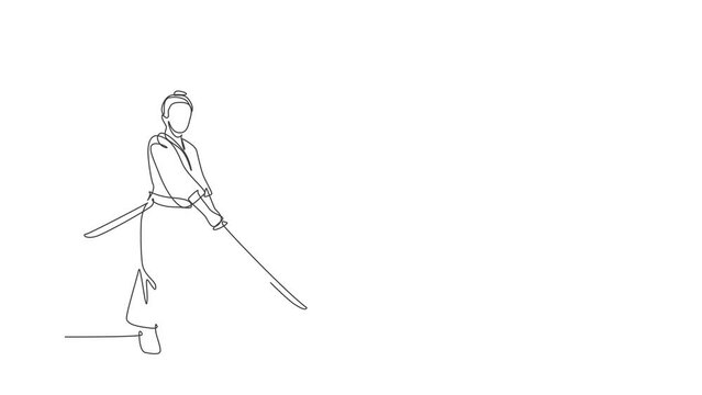 Animated self drawing of single continuous line draw young strong samurai warrior wearing traditional uniform holding sword at festival. Ancient fighter soldier concept. Full length one line animation
