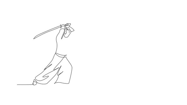 Animated self drawing of one continuous line draw young bravery samurai warrior pose ready to attack at training session. Martial art combative sport concept. Full length single line animation.