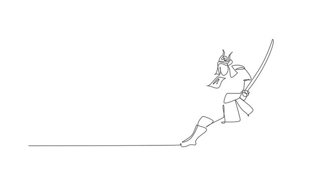 Animated self drawing of one continuous line draw young bravery samurai shogun wearing mask ready to attack at training session. Martial art combative sport concept. Full length single line animation.