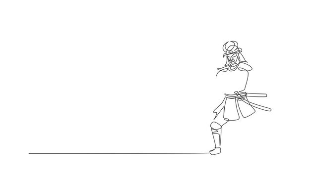 Animated self drawing of one continuous line draw young bravery samurai shogun wearing mask ready to attack at training session. Martial art combative sport concept. Full length single line animation.