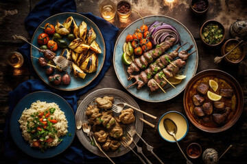 Middle eastern, arabic or mediterranean dinner table with grilled lamb kebab, chicken skewers with roasted vegetables and appetizers variety serving on rustic outdoor table, generative AI