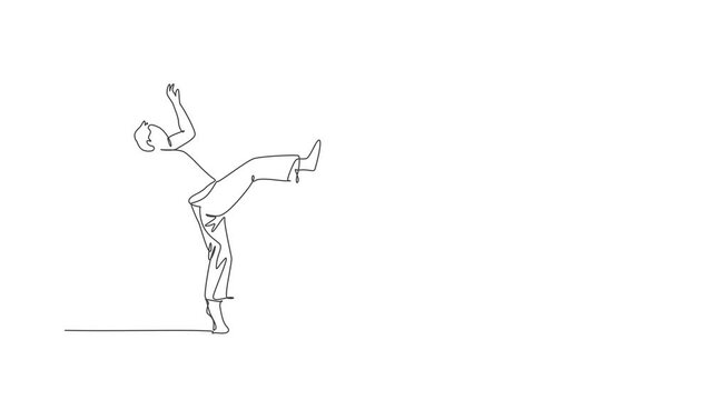 Animated self drawing of one continuous line draw young sporty Brazilian fighter man training capoeira on the beach. Healthy traditional fighting sport concept. Full length single line animation.