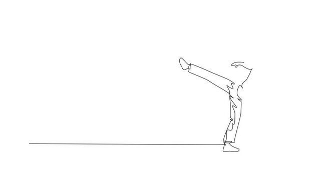 Animated self drawing of one continuous line draw capoeira young sporty Brazilian fighter man training capoeira on beach. Healthy traditional fighting sport concept. Full length single line animation.