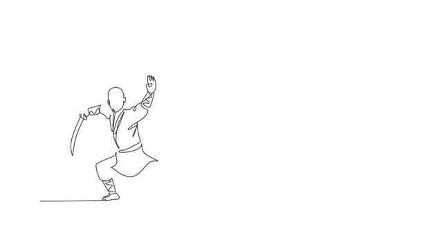 Animation of one line drawing of energetic shaolin monk man exercise kung fu fighting with sword at temple. Ancient martial art sport concept. Continuous line self draw animated. Full length motion.