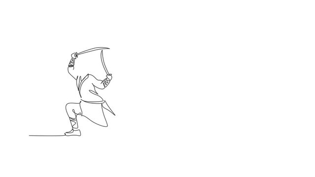 Animated self drawing of one continuous line draw young shaolin monk man practice kung fu with swords at temple ground . Traditional Chinese combative sport concept. Full length single line animation.