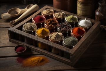 Fototapeta na wymiar rustic wooden tray filled with an array of fragrant spices, generative ai
