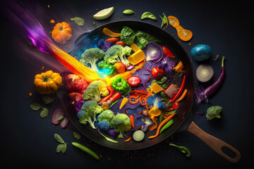 Obraz na płótnie Canvas selection of vegetables are flying out of the pan, with their vibrant colors and textures shining through, generative ai