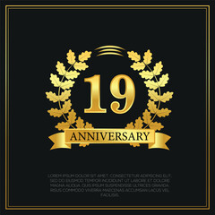 19 year anniversary celebration logo gold color design on black background abstract illustration  
