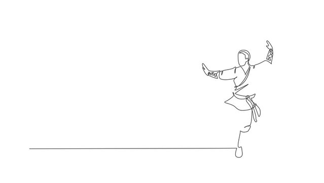 Animation of one line drawing young energetic shaolin monk man exercise kung fu fighting at temple. Ancient Chinese martial art sport concept. Continuous line self draw animated. Full length motion.