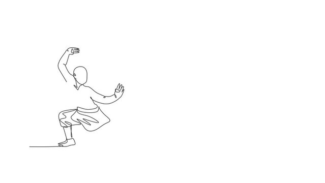 Animated self drawing of one continuous line draw young shaolin monk man practice kung fu style at temple ground . Traditional Chinese combative sport concept. Full length single line animation.