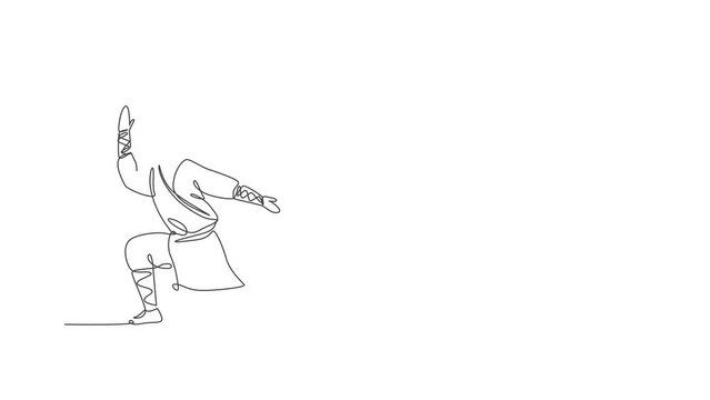 Animation of one line drawing young energetic shaolin monk man exercise kung fu fighting at temple. Ancient Chinese martial art sport concept. Continuous line self draw animated. Full length motion.