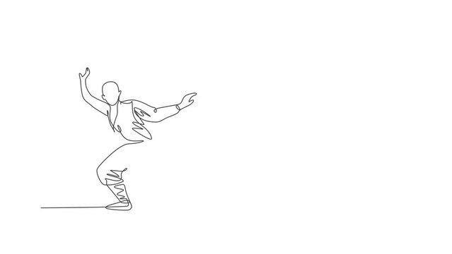 Animated self drawing of single continuous line draw young muscular shaolin monk man train martial art at shaolin temple. Traditional Chinese kung fu fight concept. Full length one line animation.