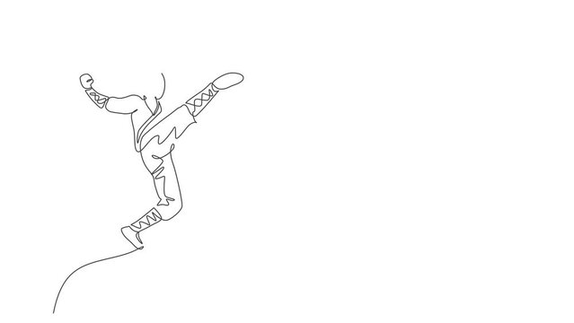Animated self drawing of single continuous line draw young muscular shaolin monk man train jumping kick at shaolin temple. Traditional Chinese kung fu fight concept. Full length one line animation.