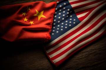 Flag of China and Flag of United States USA, Symbol of China and Americans. Concept: conflicts, politics, national security, relations, diplomacy, negotiations, interests and investigations.