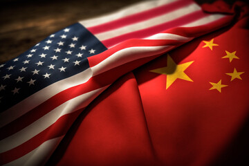 Flag of China and Flag of United States USA, Symbol of China and Americans. Concept: conflicts, politics, national security, relations, diplomacy, negotiations, interests and investigations.