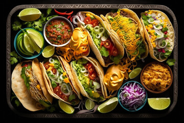 tray of assorted tacos with different fillings and colorful toppings, generative ai