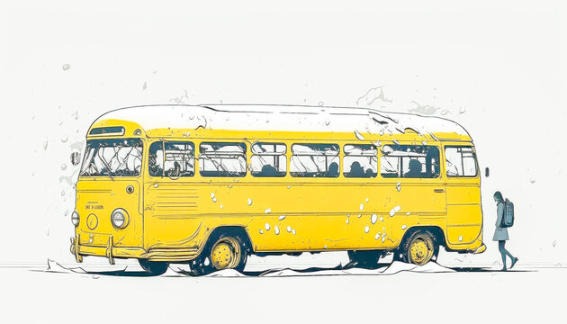 Parked School Bus Winter Scene Illustration ~ Created using Generative AI