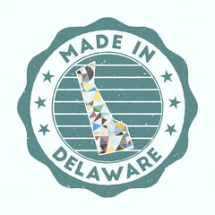 Made In Delaware. Us state round stamp. Seal of Delaware with border shape. Vintage badge with circular text and stars. Vector illustration.