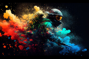 Obraz na płótnie Canvas Paintball player running through a colourful paint cloud. Generative AI