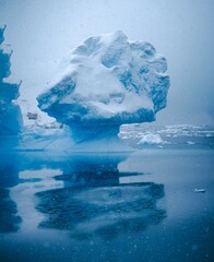 An abstract-shaped iceberg rises out of the still ocean water.  The shape is like a clinth hand, a mushroom, or flower. 
