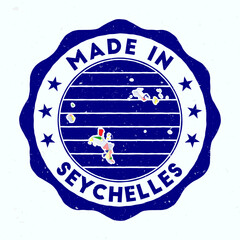 Made In Seychelles. Island round stamp. Seal of Seychelles with border shape. Vintage badge with circular text and stars. Vector illustration.