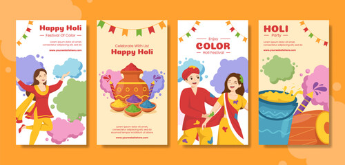Happy Holi Festival Social Media Stories Flat Cartoon Hand Drawn Templates Illustration