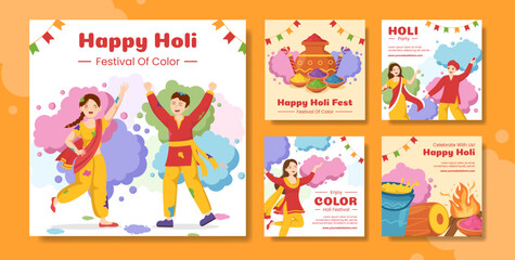 Fototapeta na wymiar Happy Holi Festival Social Media Post Flat Cartoon Hand Drawn Templates Illustration