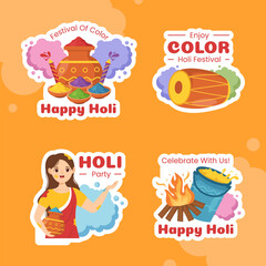 Happy Holi Festival Label Flat Cartoon Hand Drawn Templates Illustration