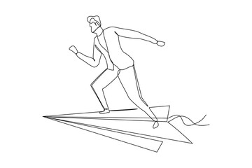 Continuous single one line drawing of businessman ride paper plane to reach business achievement growth goal successful. Vector illustration sketch art concept