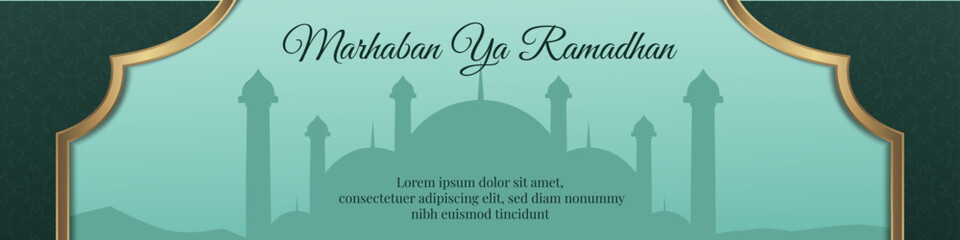 ramadan banner  with silhouette of mosque  and gold border