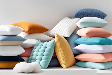 still life shot of an assortment of ergonomic pillows, highlighting the variety of colours, shapes, and textures available to consumers (AI Generated)