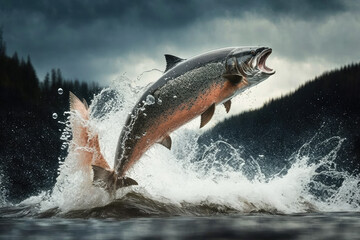 Obraz premium salmon fish jumping out of river water made by generative ai