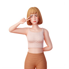 3D Illustration Cute and Sassy Portrait of a Young Woman Making a Peach Hand Pose Near Eye in Crop Top and Sport Wear