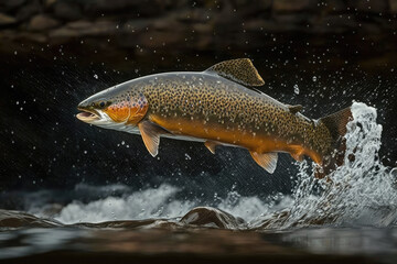 Obraz premium trout fish jumping out of river water made by generative ai