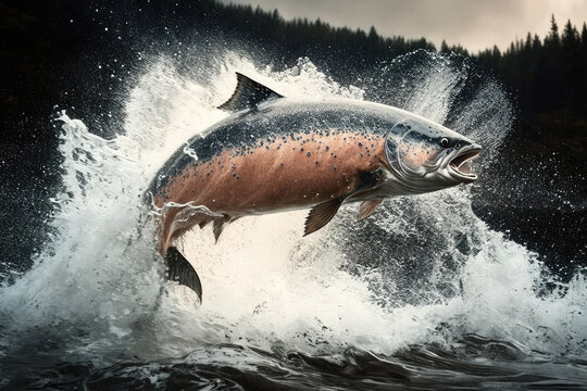 salmon fish jumping out of river water made by generative ai