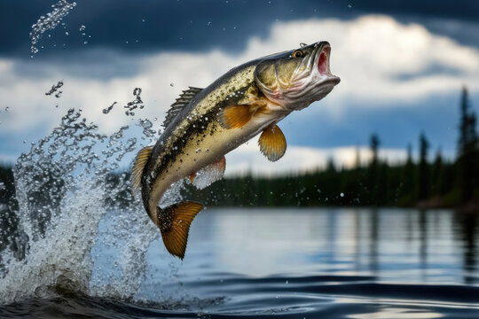 walleye fish jumping out of river water made by generative ai