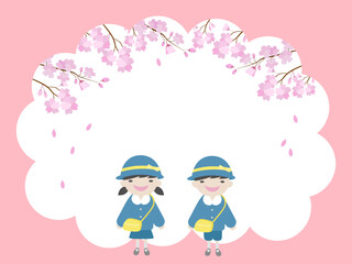 桜の咲くころに登園する子供のフレーム