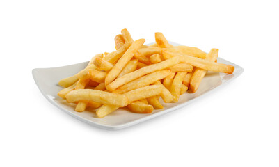 Plate of tasty French fries on white background