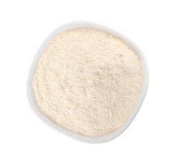 Bowl with quinoa flour on white background, top view