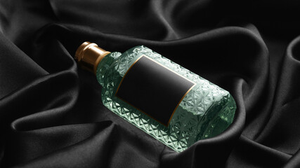 Luxury bottle of perfume on black silk, closeup