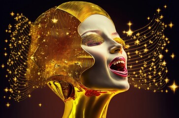 Gold Colored Woman With Music Notes Singing Red Lipstick Generative AI