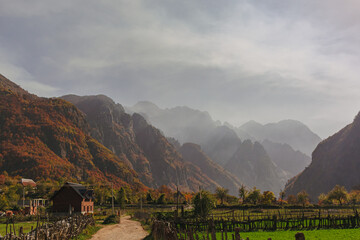 Beautiful landscape of village valley with mountain rank of Theth, Albania. 