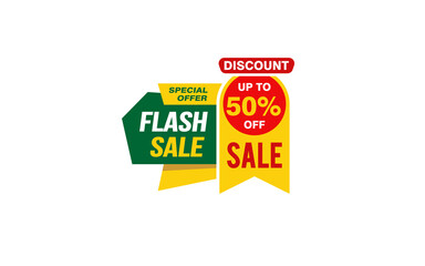 50 Percent FLASH SALE offer, clearance, promotion banner layout with sticker style. 
