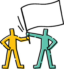 旗を振る2人の棒人間。手描きのベクターデータ。