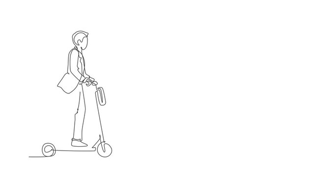 Animated self drawing of one continuous line draw young worker man ride electric scooter to go to the office. Green transportation. Future urban lifestyle concept. Full length single line animation.