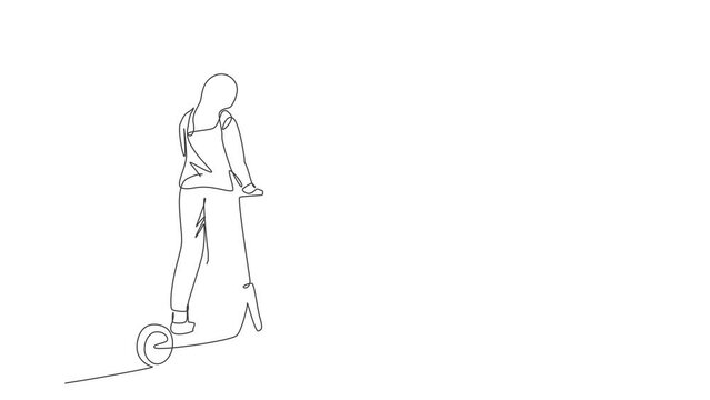 Animated self drawing of single continuous line draw young happy woman riding electric scooter at public area. Eco friendly transportation. Urban lifestyle concept. Full length one line animation.