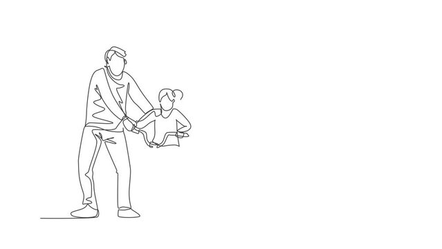 Animated self drawing of one continuous line draw young father help his daughter learning to ride a bicycle at countryside together. Parenthood lesson concept. Full length single line animation.