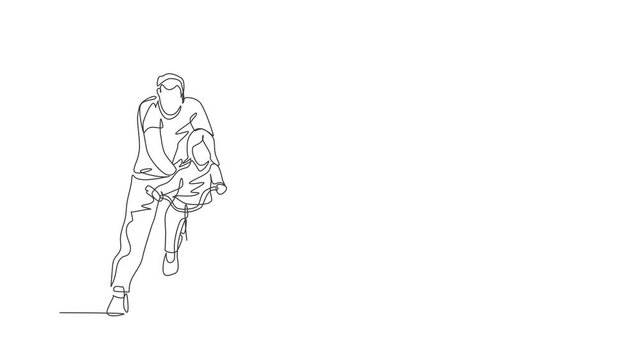 Animated self drawing of continuous line draw young kids girl learning ride bicycle with father at outdoor park. Parenthood lesson. Family time concept. Full length one line animation illustration.